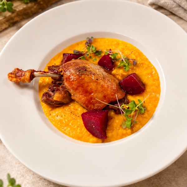 Duck leg, pumpkin risotto, beetroot
