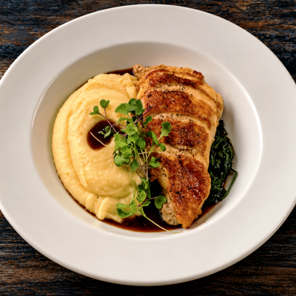 Butter-fried chicken breast, mashed potatoes, spinach, thyme-infused pan juices